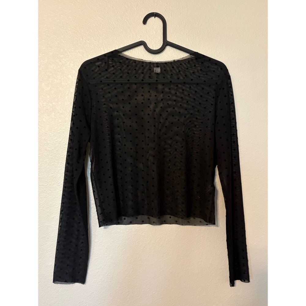 Hey Babe | Sheer Mesh Textured Polka-Dot Long Sleeve Top (Black)